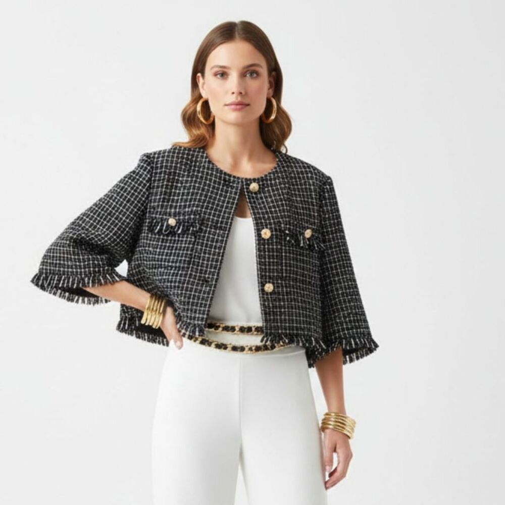 Anna & Ava Black & White Knit Cropped Long Sleeve Button Up Jacket Blazer NEW